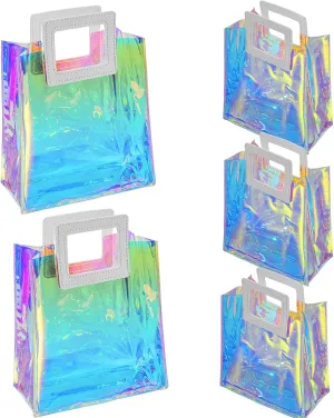Holographic Small Gift Bags 5 Pack 7.9 * 7.1 * 3.9 Inch with Handles for Women, Girls, Birthday, Christmas, Bachelorette Party Favors, Shopping Reusable Clear Gift Wrap Bag