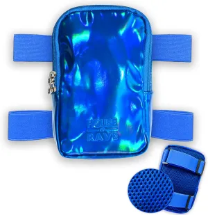 Holographic Thigh Bag No-Slip-Padded Backing - Inner Pockets & Double Zipper Carnival Thigh Bag for Women - Iridescent Leg Bag - Reflective Phone Holder (Blue)