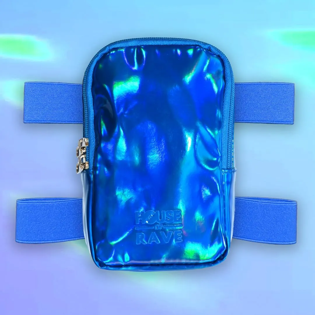 Holographic Thigh Bag No-Slip-Padded Backing - Inner Pockets & Double Zipper Carnival Thigh Bag for Women - Iridescent Leg Bag - Reflective Phone Holder (Blue)