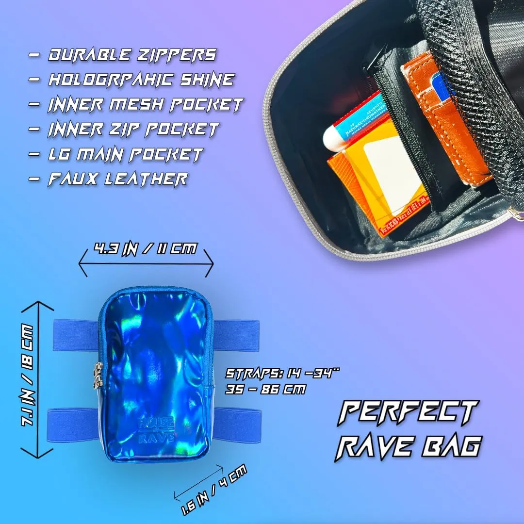 Holographic Thigh Bag No-Slip-Padded Backing - Inner Pockets & Double Zipper Carnival Thigh Bag for Women - Iridescent Leg Bag - Reflective Phone Holder (Blue)