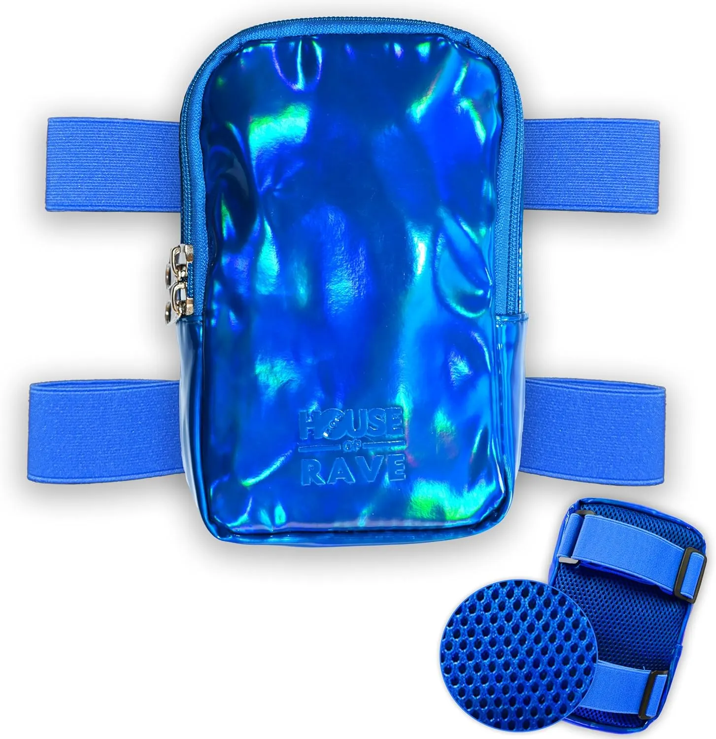 Holographic Thigh Bag No-Slip-Padded Backing - Inner Pockets & Double Zipper Carnival Thigh Bag for Women - Iridescent Leg Bag - Reflective Phone Holder (Blue)