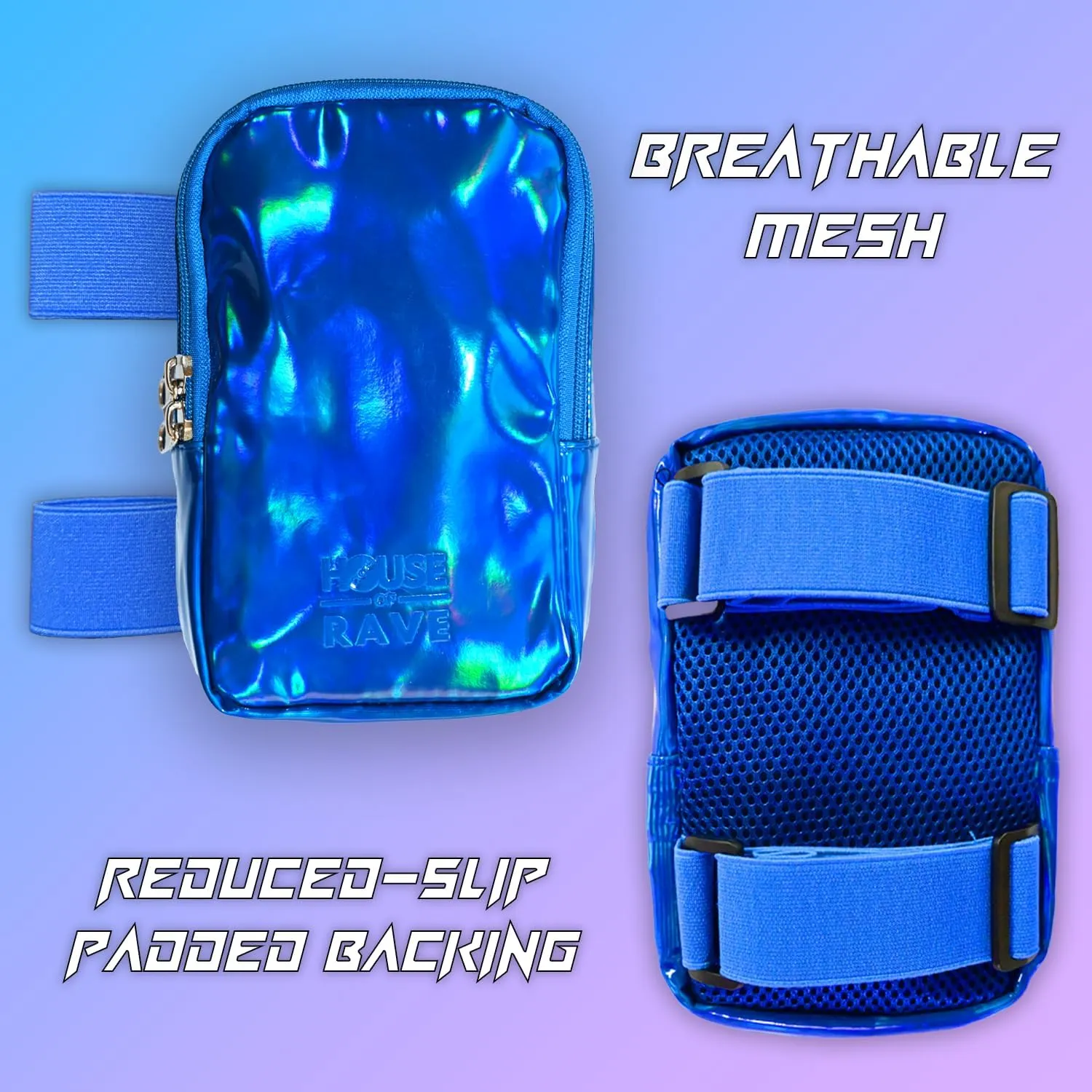 Holographic Thigh Bag No-Slip-Padded Backing - Inner Pockets & Double Zipper Carnival Thigh Bag for Women - Iridescent Leg Bag - Reflective Phone Holder (Blue)