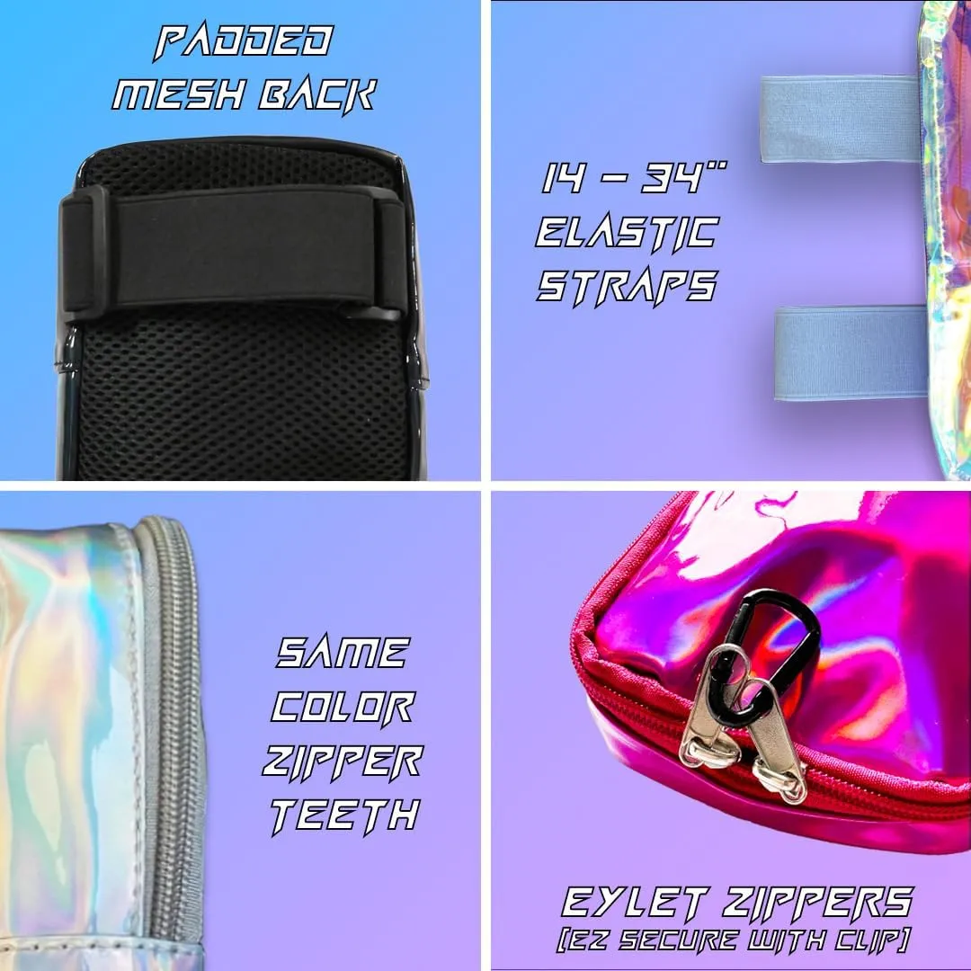 Holographic Thigh Bag w/Inner Pockets & Mesh Backing - Double Zipper Carnival Thigh Bag for Women - Iridescent Leg Bag - Reflective Phone Holder (Black)