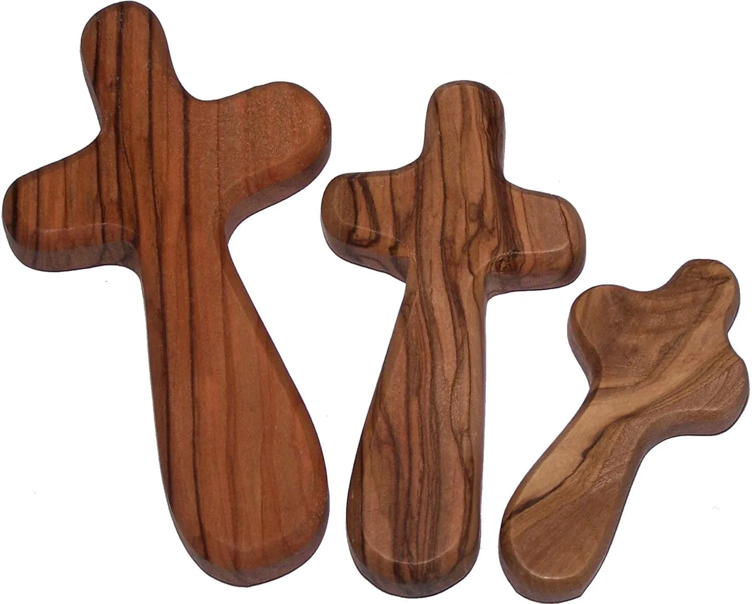 Holy Land Market Three Olive Wood Comfort Handheld Crosses with Velvet Bags & Lord's Prayer Cards - Set of Three Sizes
