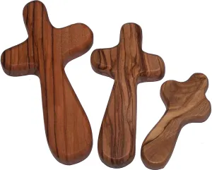 Holy Land Market Three Olive Wood Comfort Handheld Crosses with Velvet Bags & Lord's Prayer Cards - Set of Three Sizes