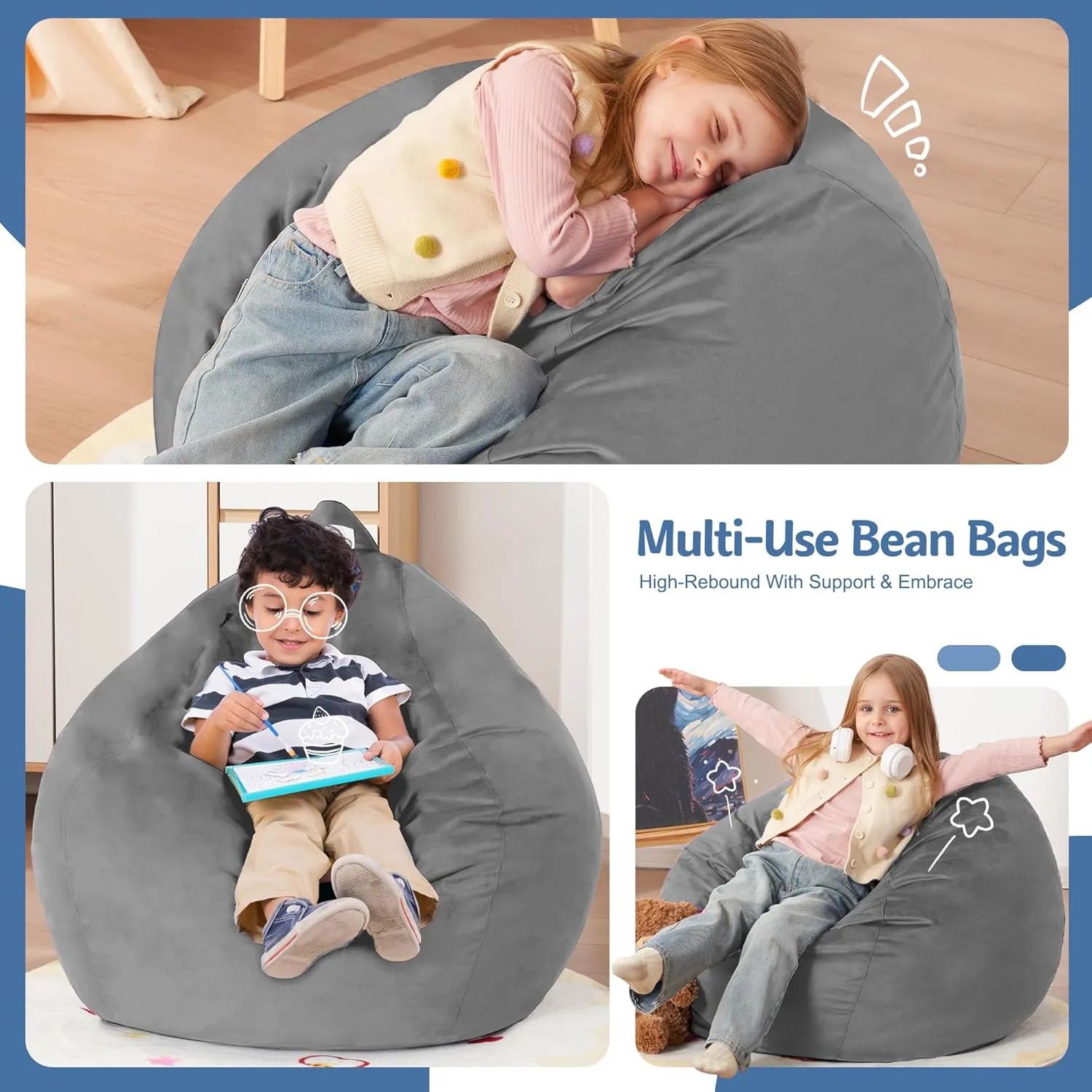 Homguava 2.5FT Bean Bag Chair: 2.5' Bean Bags with Memory Foam Filled,Comfy Beanbag Chairs Round Bean Bag Sofa with Dutch Velvet Cover-Light Grey