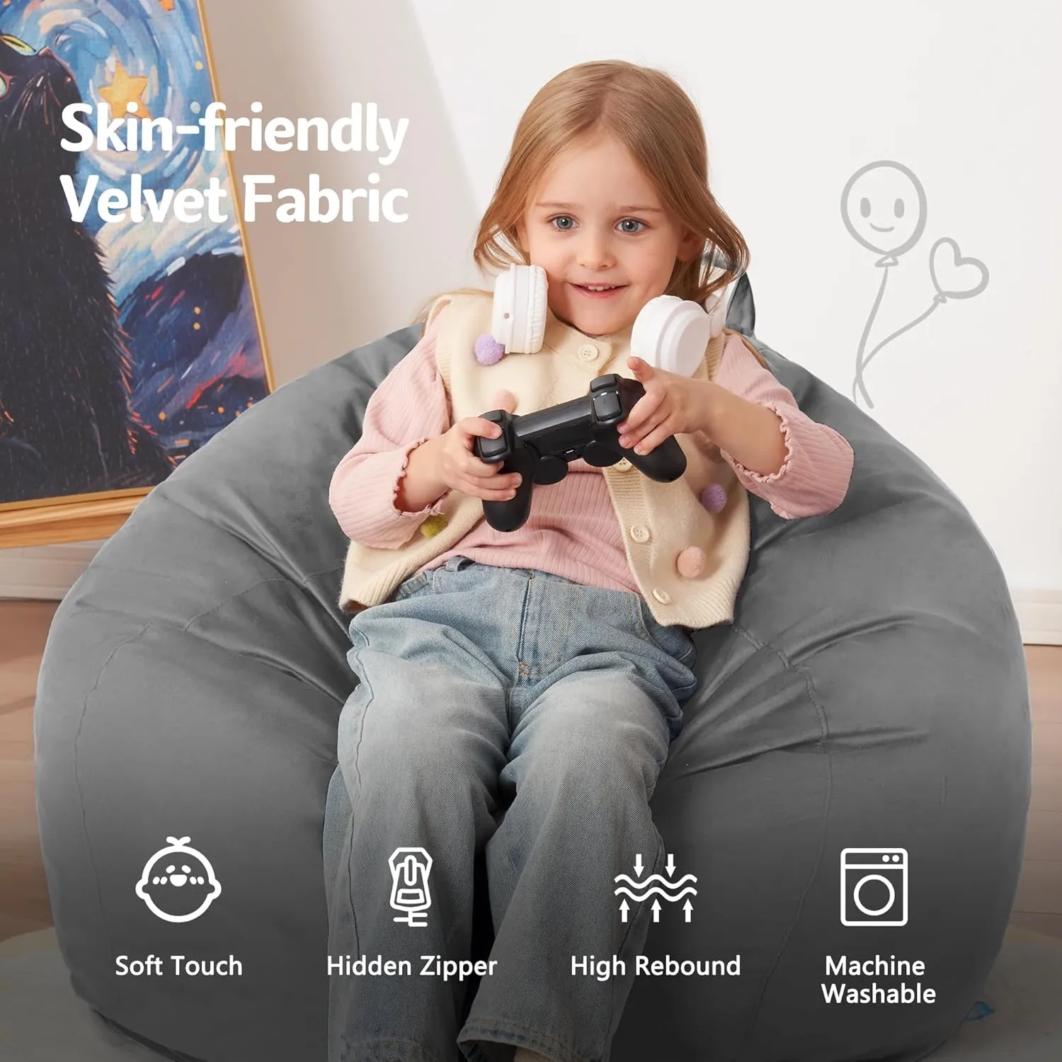 Homguava 2.5FT Bean Bag Chair: 2.5' Bean Bags with Memory Foam Filled,Comfy Beanbag Chairs Round Bean Bag Sofa with Dutch Velvet Cover-Light Grey
