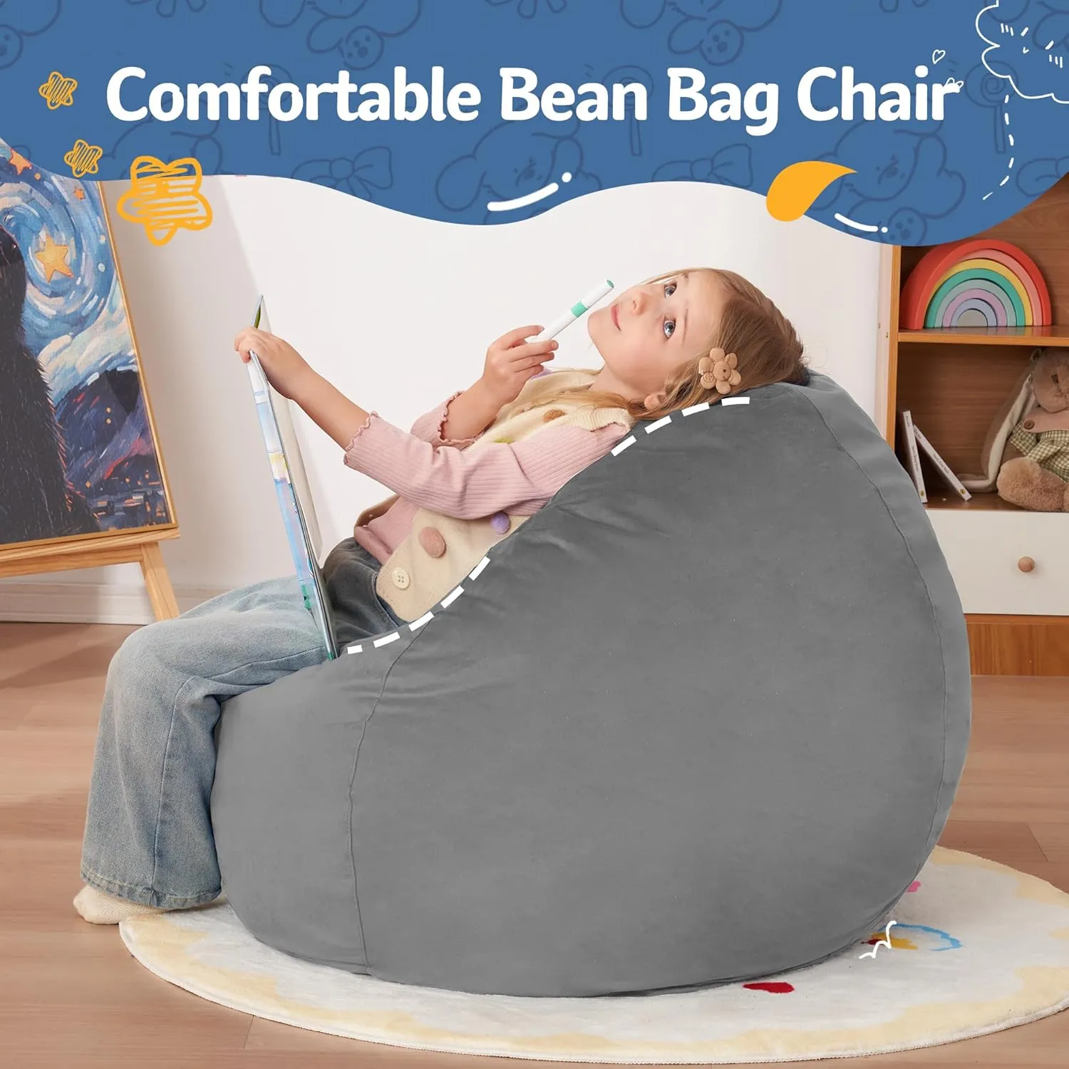 Homguava 2.5FT Bean Bag Chair: 2.5' Bean Bags with Memory Foam Filled,Comfy Beanbag Chairs Round Bean Bag Sofa with Dutch Velvet Cover-Light Grey