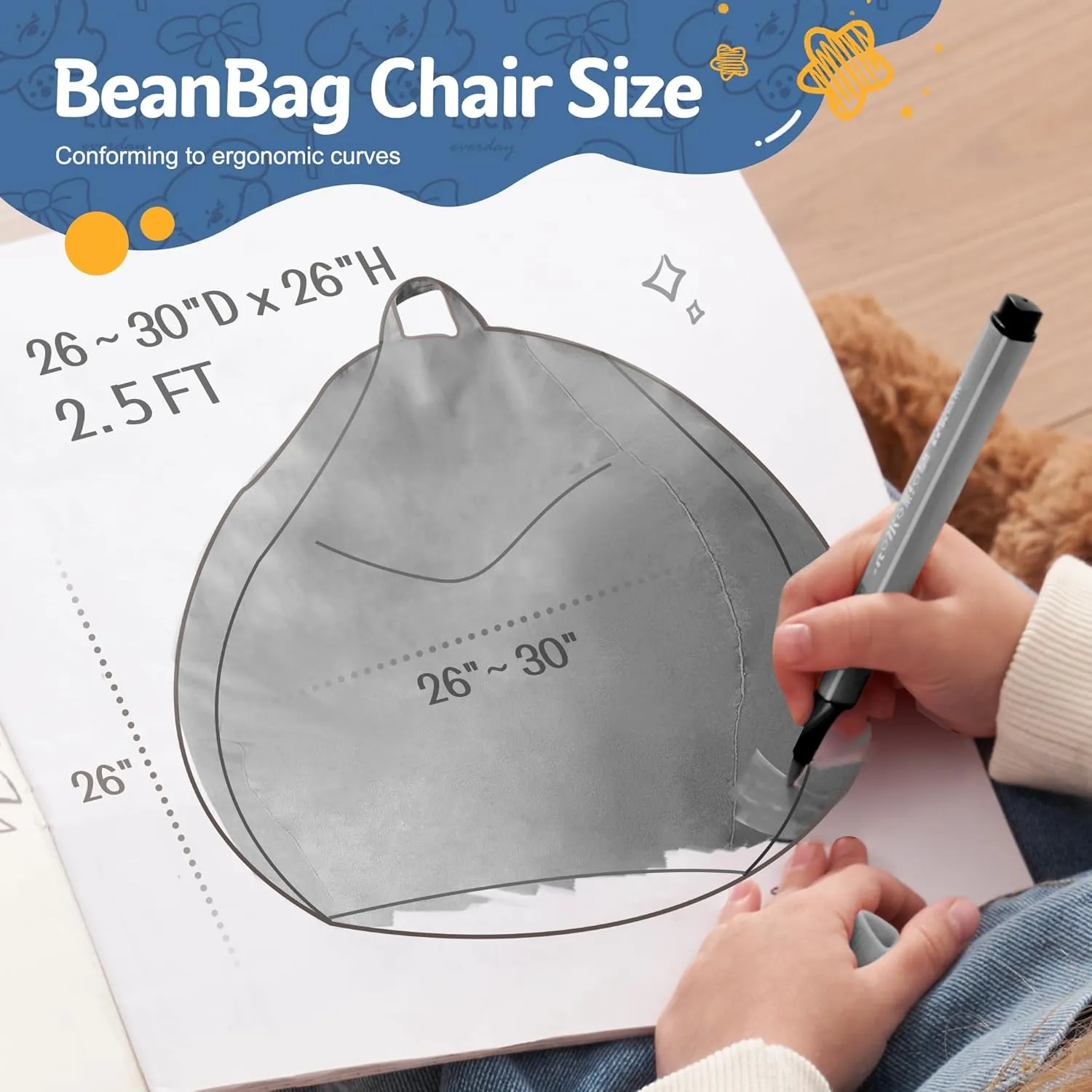 Homguava 2.5FT Bean Bag Chair: 2.5' Bean Bags with Memory Foam Filled,Comfy Beanbag Chairs Round Bean Bag Sofa with Dutch Velvet Cover-Light Grey