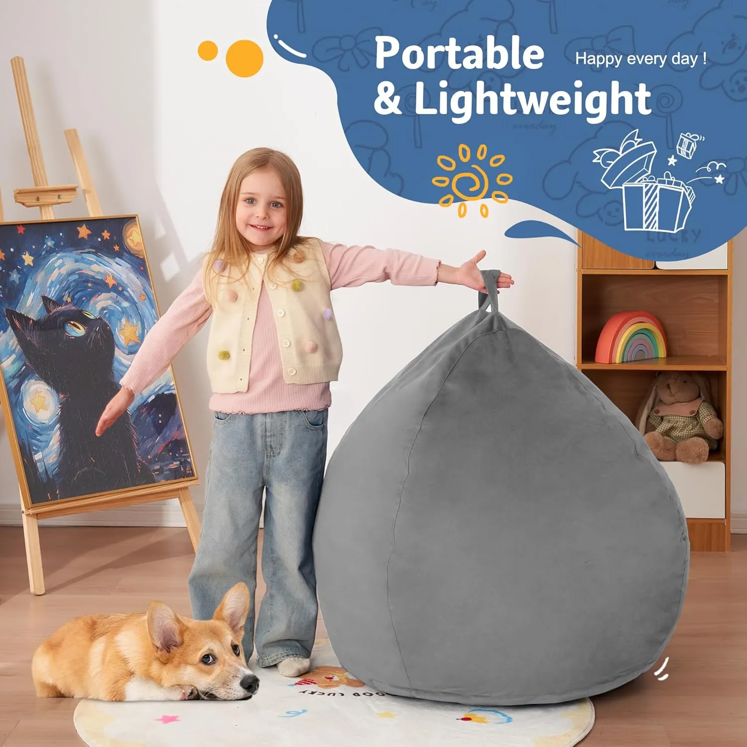 Homguava 2.5FT Bean Bag Chair: 2.5' Bean Bags with Memory Foam Filled,Comfy Beanbag Chairs Round Bean Bag Sofa with Dutch Velvet Cover-Light Grey