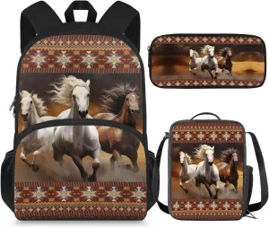 Horse Backpack Lunchbox Set Boys 3 Piece Schoolbag Set with Pencil Case Middle School High School Large Book Bags Teen Girls Southwest Africa Aztec Camping Rucksack Laptop Backpacks