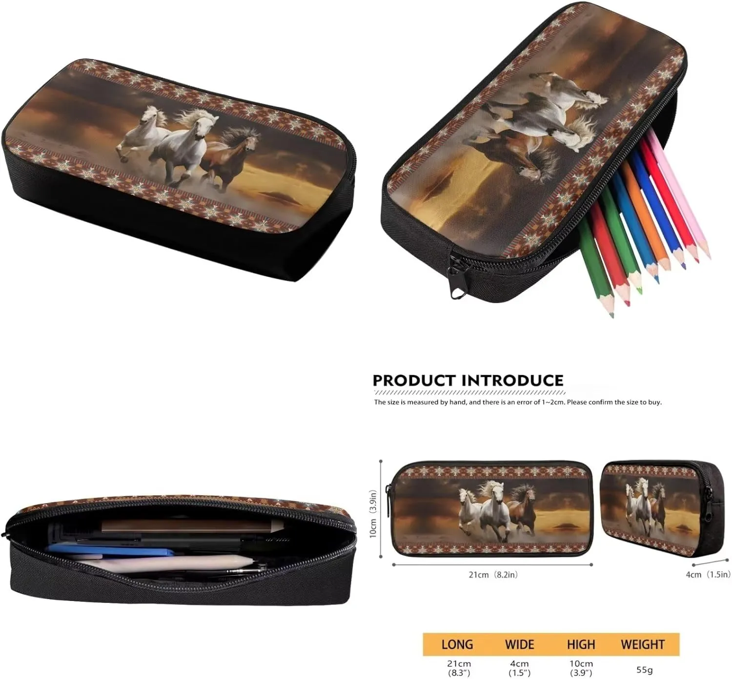 Horse Backpack Lunchbox Set Boys 3 Piece Schoolbag Set with Pencil Case Middle School High School Large Book Bags Teen Girls Southwest Africa Aztec Camping Rucksack Laptop Backpacks
