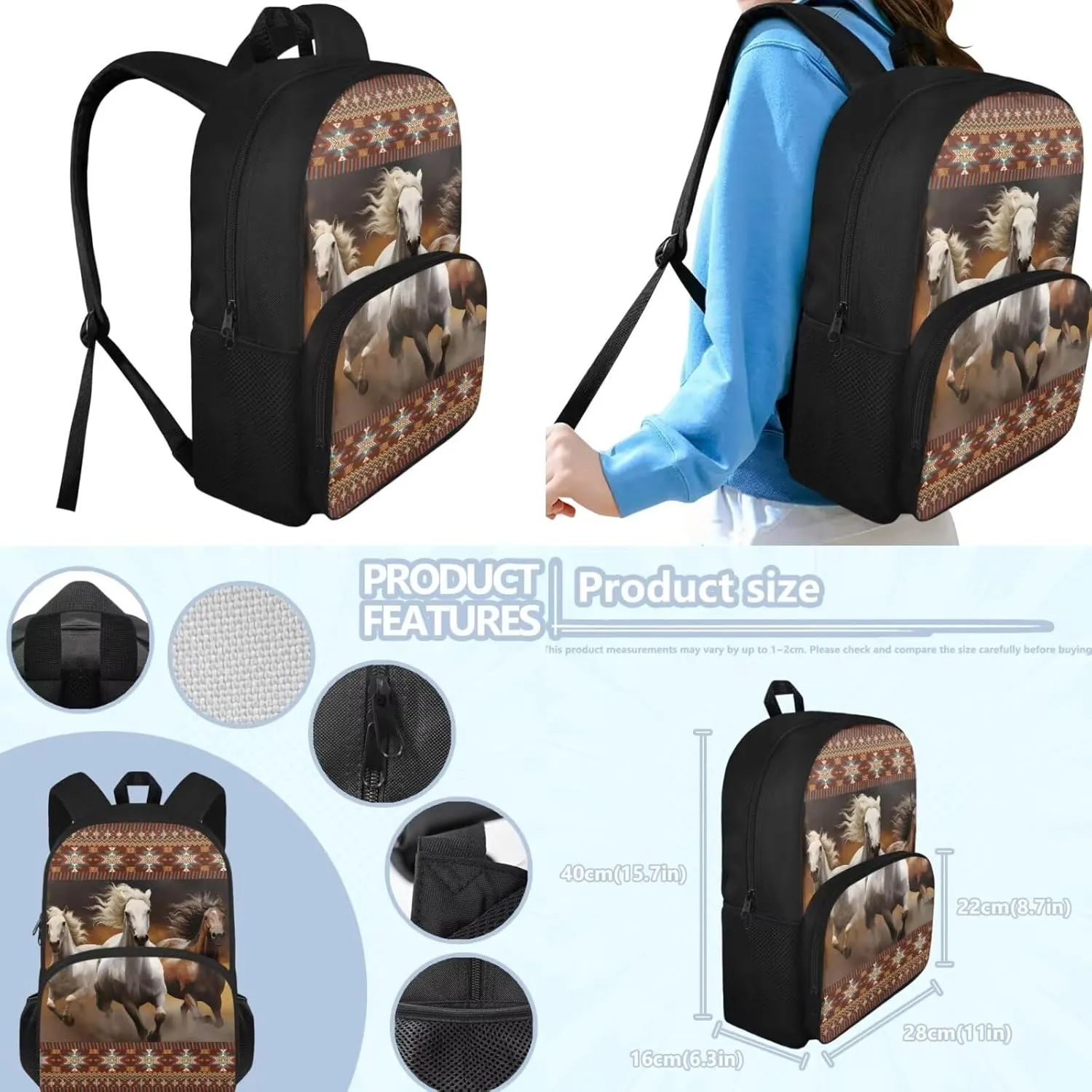 Horse Backpack Lunchbox Set Boys 3 Piece Schoolbag Set with Pencil Case Middle School High School Large Book Bags Teen Girls Southwest Africa Aztec Camping Rucksack Laptop Backpacks