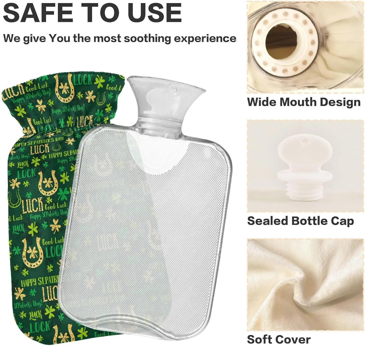 Hot Water Bottle with Soft Cover, 2L Cute Hot Water Bags for Tummy Cramps Neck and Shoulder Waist Pain Relief, Hot and Cold Therapies, St. Patrick's Day