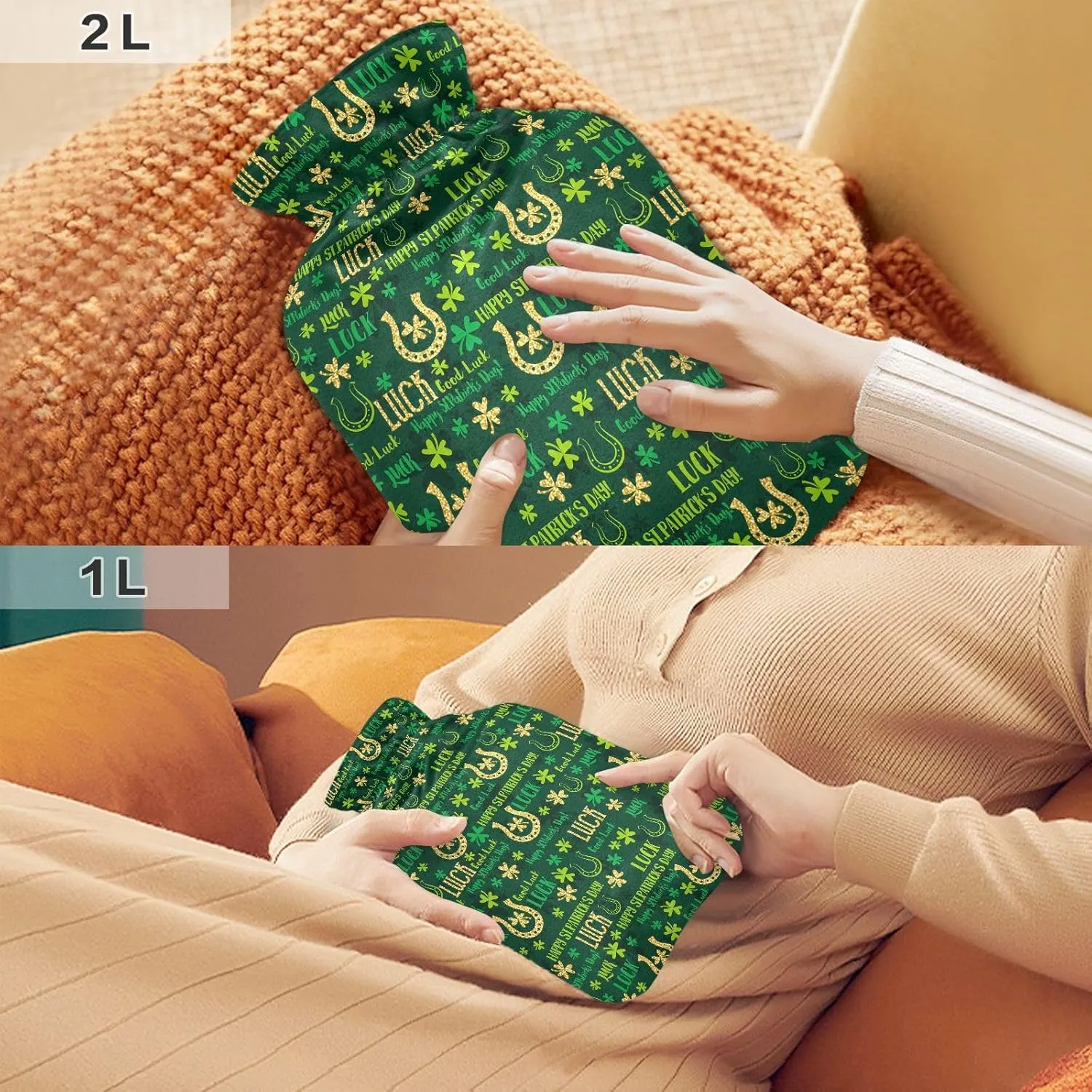 Hot Water Bottle with Soft Cover, 2L Cute Hot Water Bags for Tummy Cramps Neck and Shoulder Waist Pain Relief, Hot and Cold Therapies, St. Patrick's Day