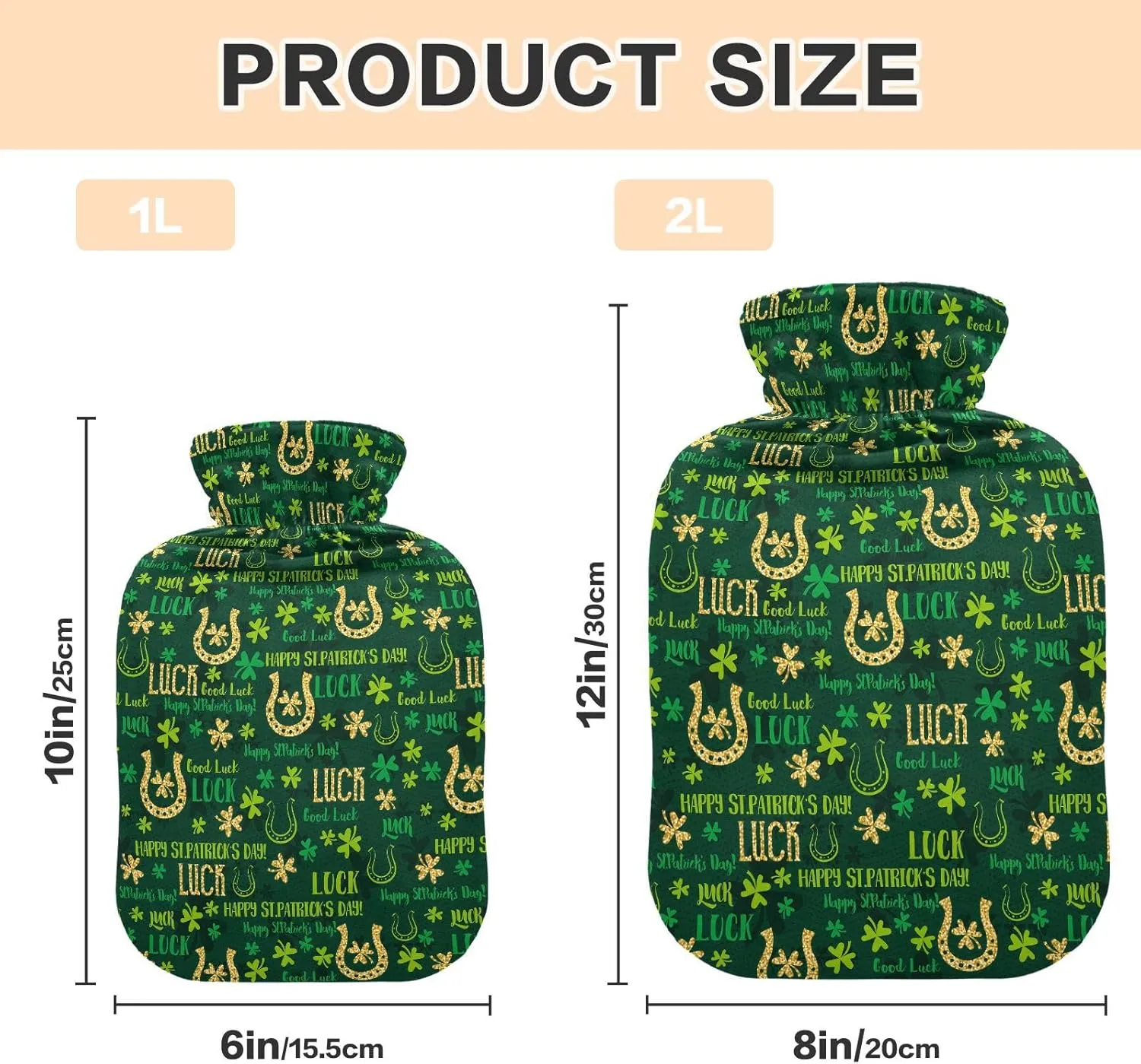 Hot Water Bottle with Soft Cover, 2L Cute Hot Water Bags for Tummy Cramps Neck and Shoulder Waist Pain Relief, Hot and Cold Therapies, St. Patrick's Day