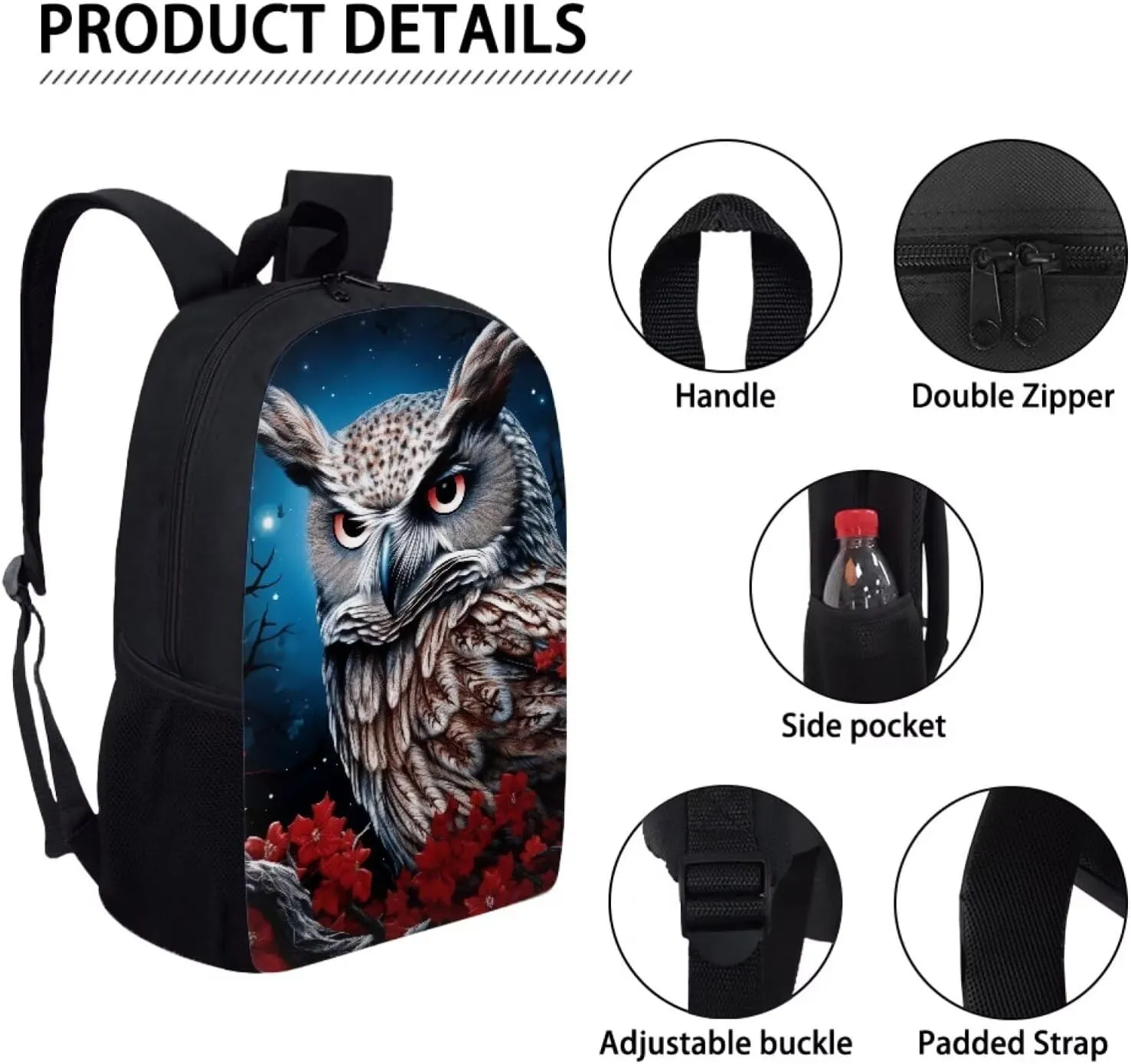 Howilath 3D Owl Flower Print Kids Backpacks for School Teens Girls School Bookbag Set with Lunch Bag Set 3 in 1 Back to School Supplies