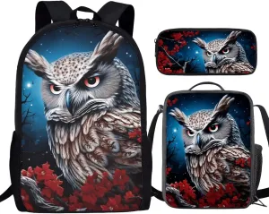 Howilath 3D Owl Flower Print Kids Backpacks for School Teens Girls School Bookbag Set with Lunch Bag Set 3 in 1 Back to School Supplies