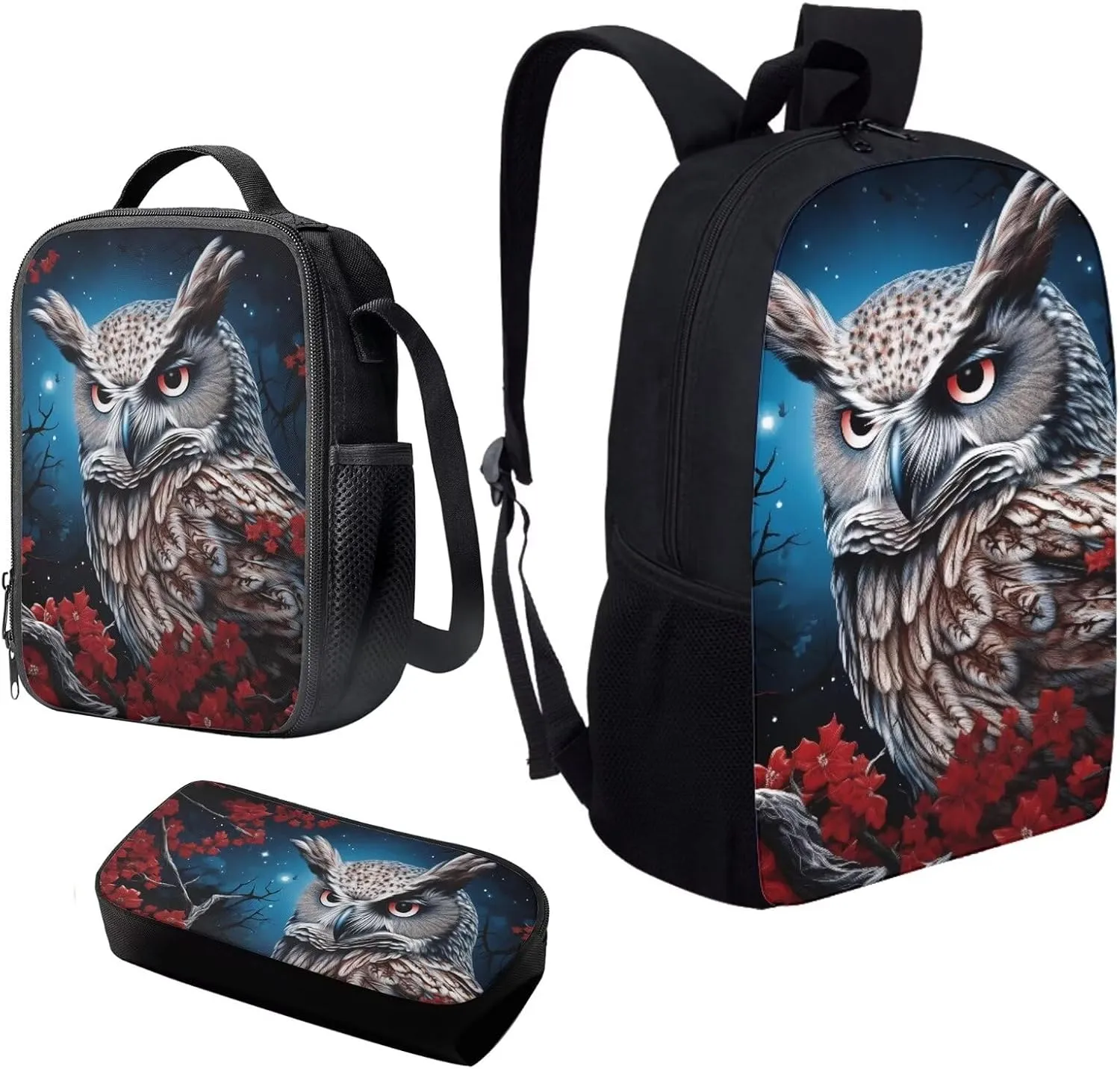 Howilath 3D Owl Flower Print Kids Backpacks for School Teens Girls School Bookbag Set with Lunch Bag Set 3 in 1 Back to School Supplies