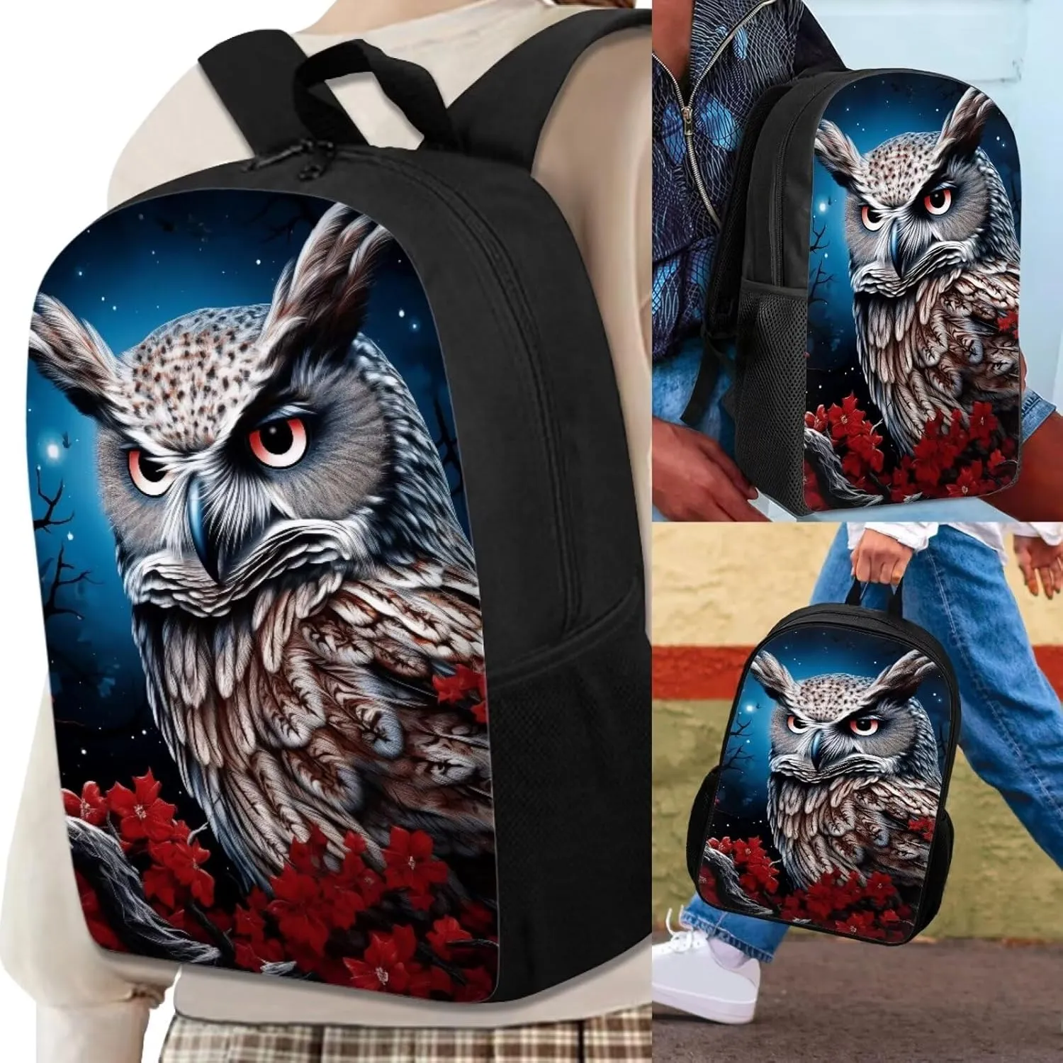Howilath 3D Owl Flower Print Kids Backpacks for School Teens Girls School Bookbag Set with Lunch Bag Set 3 in 1 Back to School Supplies