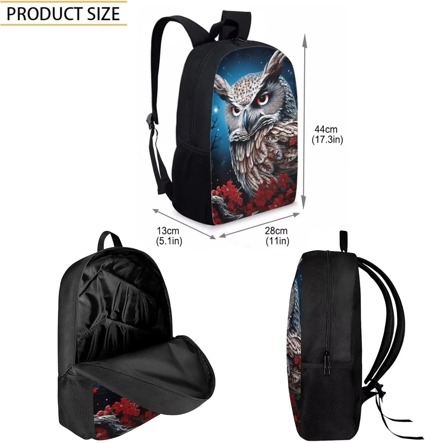 Howilath 3D Owl Flower Print Kids Backpacks for School Teens Girls School Bookbag Set with Lunch Bag Set 3 in 1 Back to School Supplies