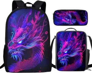 Howilath 3D Purple Dragon Printed Backpacks With Lunch Pack Pencil Case 3pcs, Lightweight Boys Bookbag Back to School