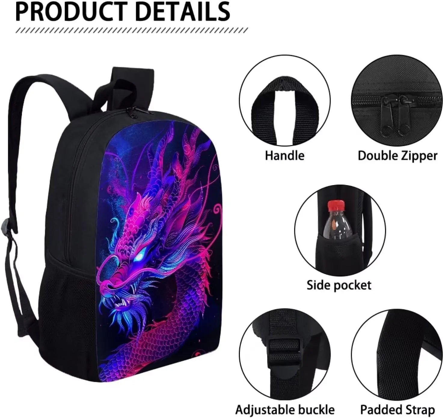 Howilath 3D Purple Dragon Printed Backpacks With Lunch Pack Pencil Case 3pcs, Lightweight Boys Bookbag Back to School