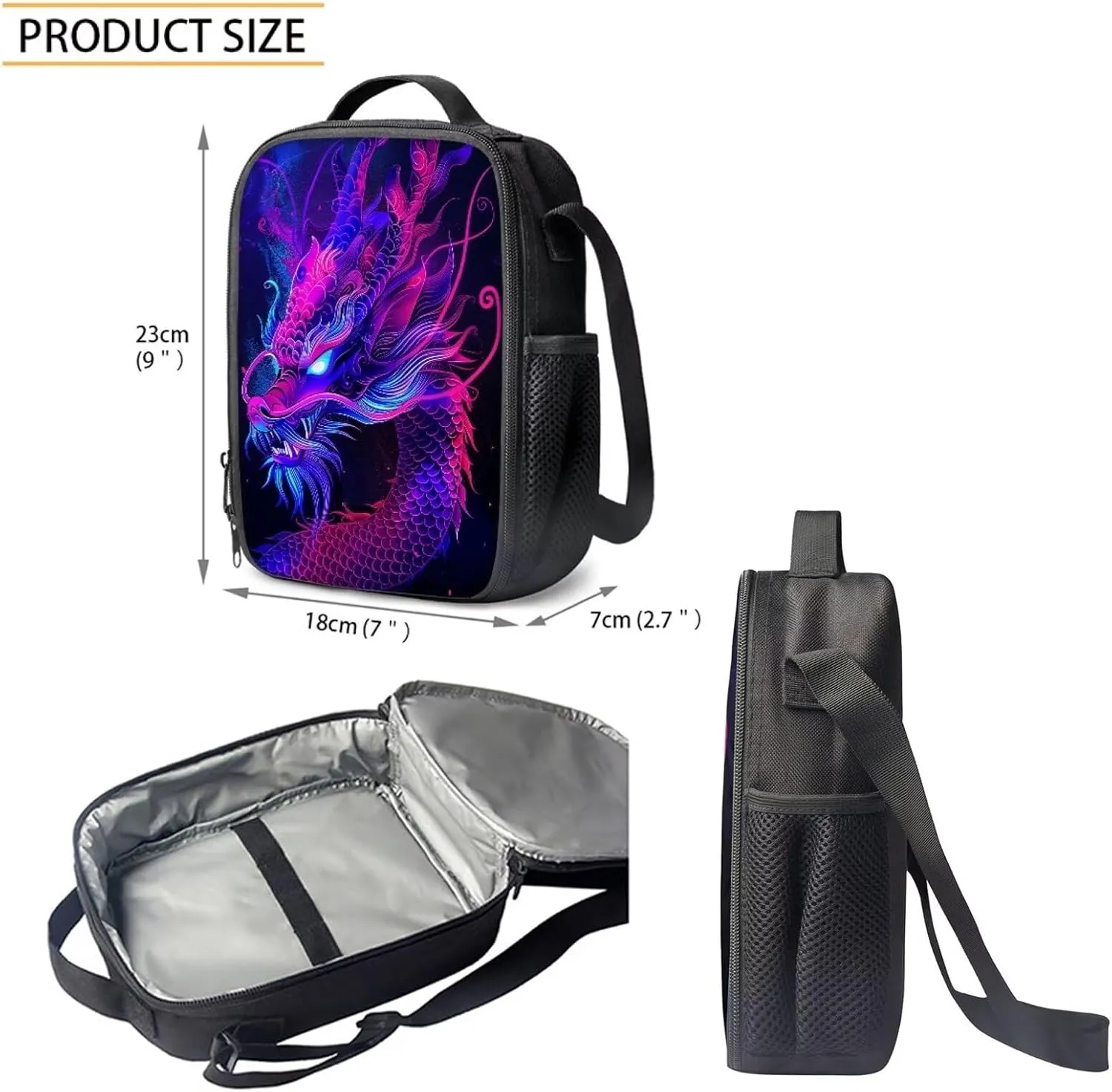Howilath 3D Purple Dragon Printed Backpacks With Lunch Pack Pencil Case 3pcs, Lightweight Boys Bookbag Back to School