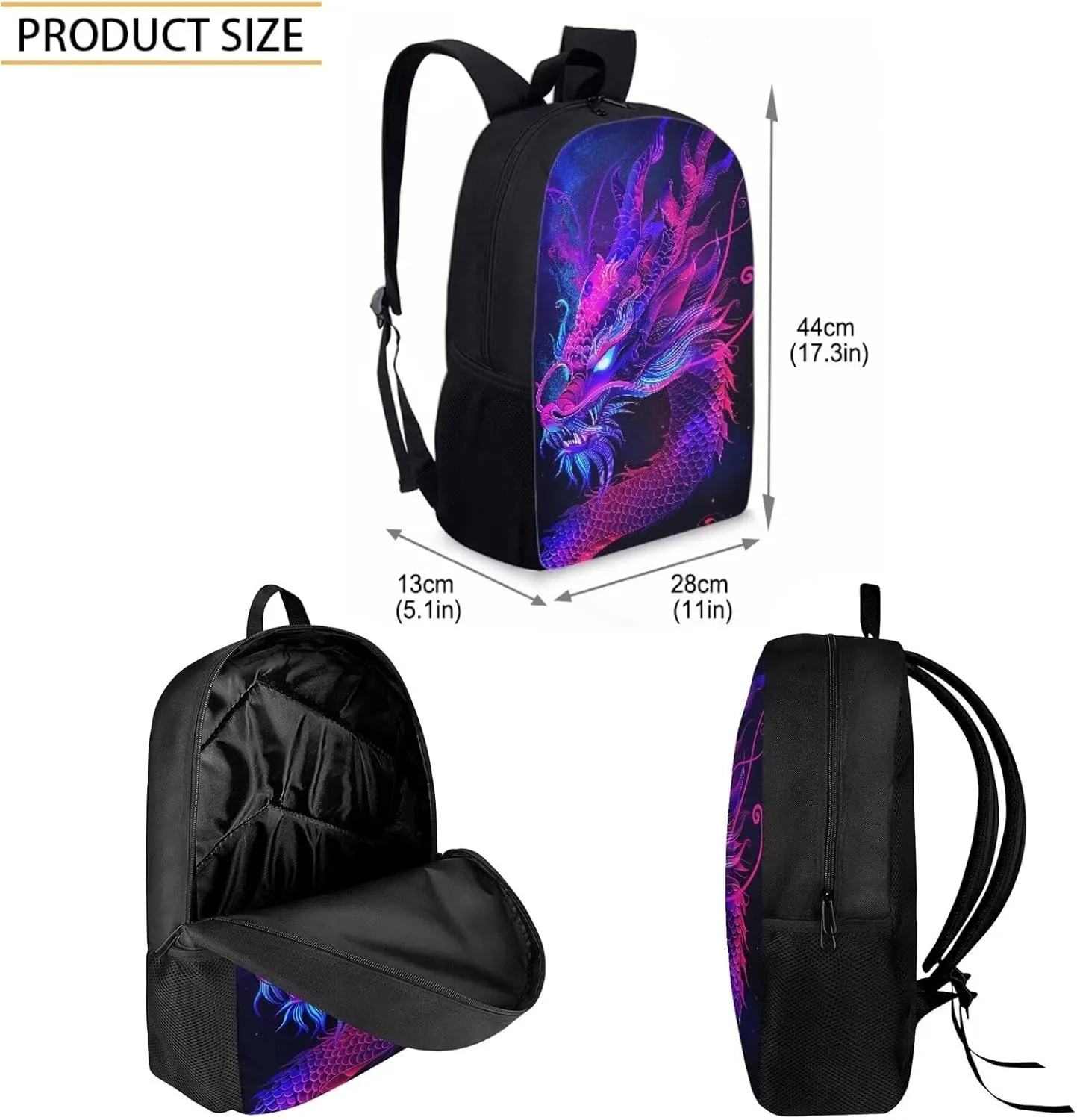 Howilath 3D Purple Dragon Printed Backpacks With Lunch Pack Pencil Case 3pcs, Lightweight Boys Bookbag Back to School