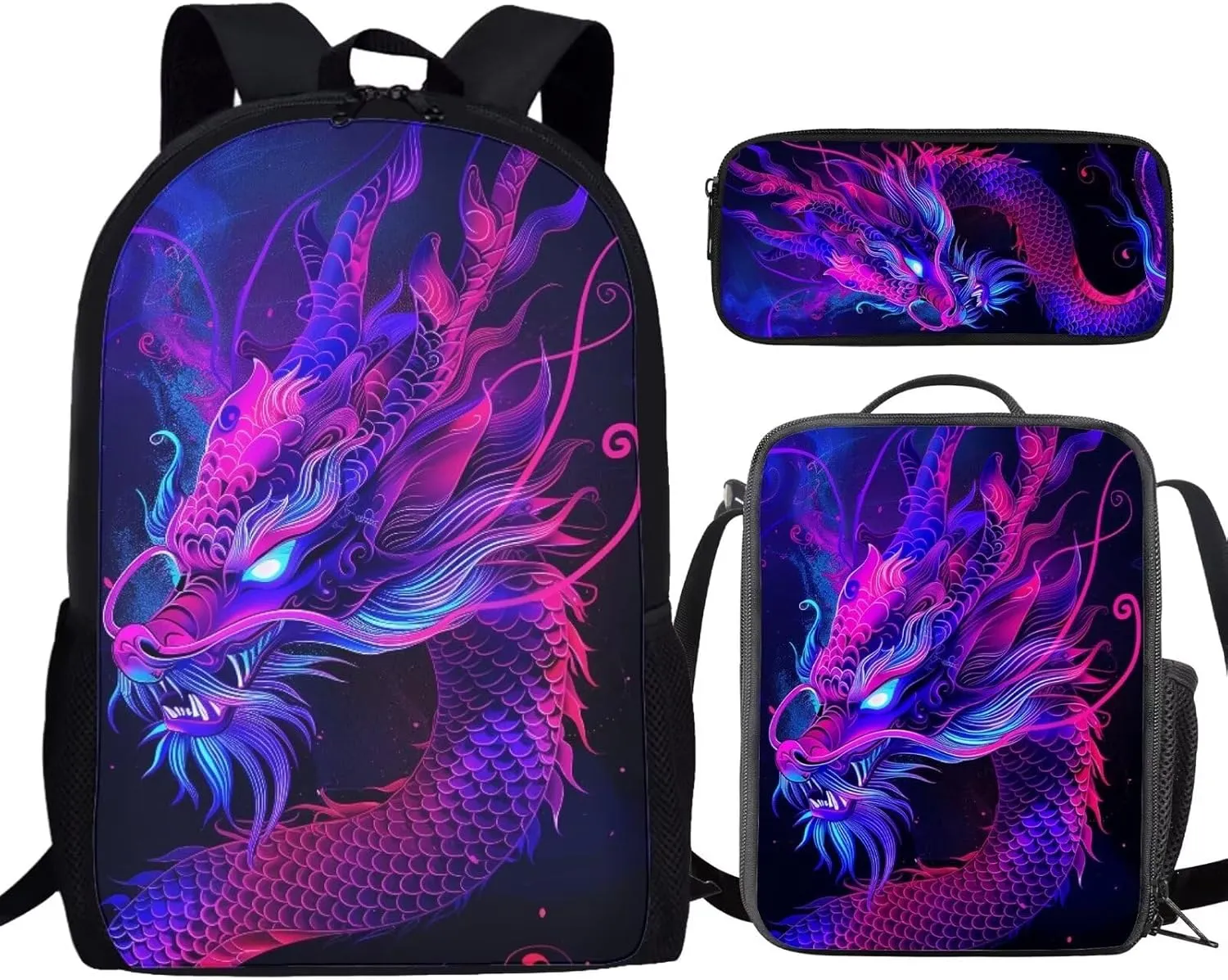 Howilath 3D Purple Dragon Printed Backpacks With Lunch Pack Pencil Case 3pcs, Lightweight Boys Bookbag Back to School