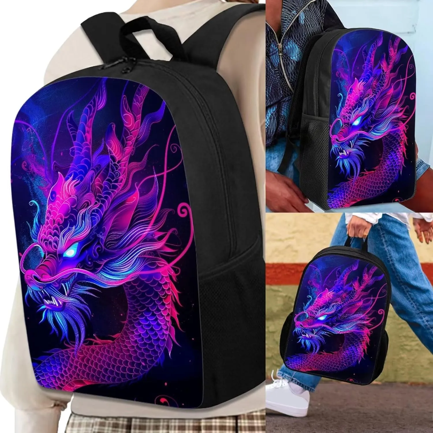 Howilath 3D Purple Dragon Printed Backpacks With Lunch Pack Pencil Case 3pcs, Lightweight Boys Bookbag Back to School