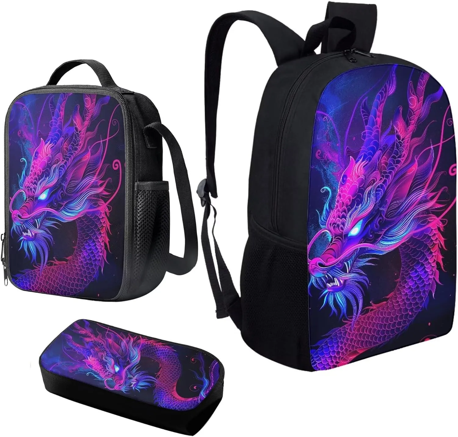 Howilath 3D Purple Dragon Printed Backpacks With Lunch Pack Pencil Case 3pcs, Lightweight Boys Bookbag Back to School