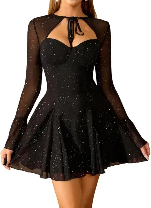 HTZMO Women Long Sleeve Sequin Mini Dress Sexy Cut Out Tie Neck Sparkly Party Night Going Out Dresses