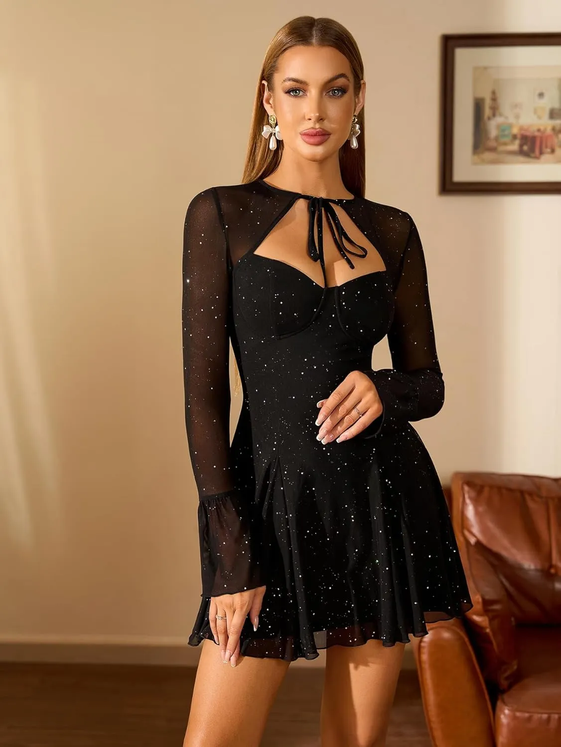 HTZMO Women Long Sleeve Sequin Mini Dress Sexy Cut Out Tie Neck Sparkly Party Night Going Out Dresses