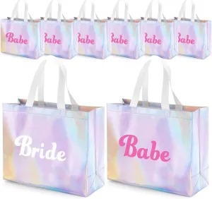 ICoDeesse 8 Pcs Bridesmaid Gift Bags Iridescent Retro Bachelorette Party Bag Reusable Grocery Bag Holographic Tote Bag With White Handles Bride Wedding Favors 60s 70s Party Supplies