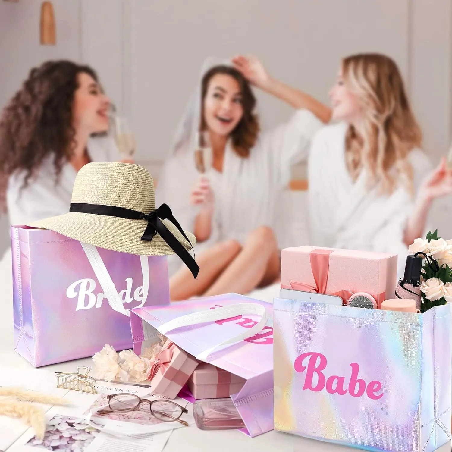 ICoDeesse 8 Pcs Bridesmaid Gift Bags Iridescent Retro Bachelorette Party Bag Reusable Grocery Bag Holographic Tote Bag With White Handles Bride Wedding Favors 60s 70s Party Supplies