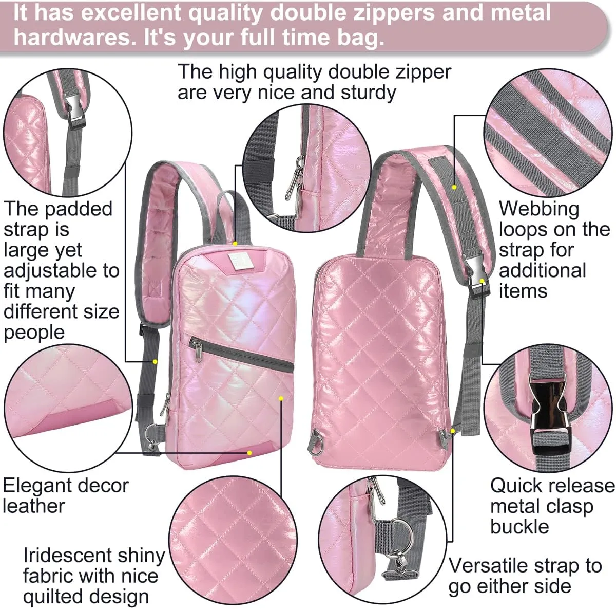 Iridescent Crossbody Shoulder Puffer Backpack for Women Men, Travel Hiking Small Chest Bag Daypack