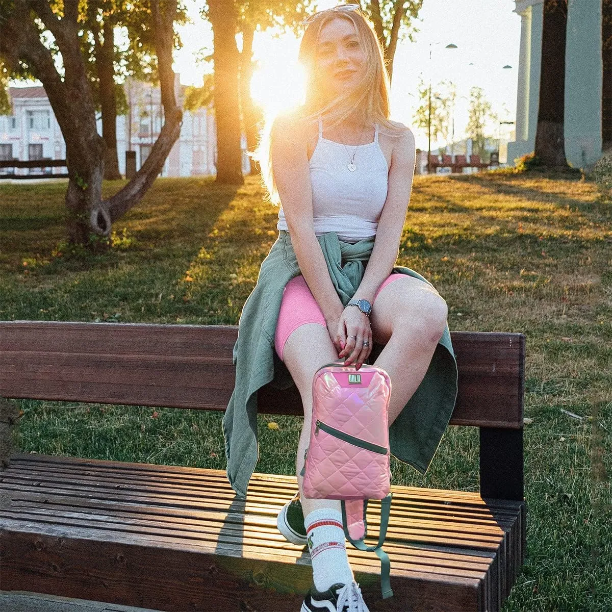 Iridescent Crossbody Shoulder Puffer Backpack for Women Men, Travel Hiking Small Chest Bag Daypack