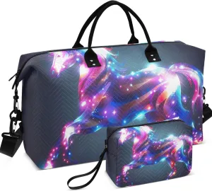 Iridescent Unicorn Duffel Bag Womens Cosmetic Pouch Set of 2, Animal Women Gym Bags Tote Carry on Bags for Airplanes