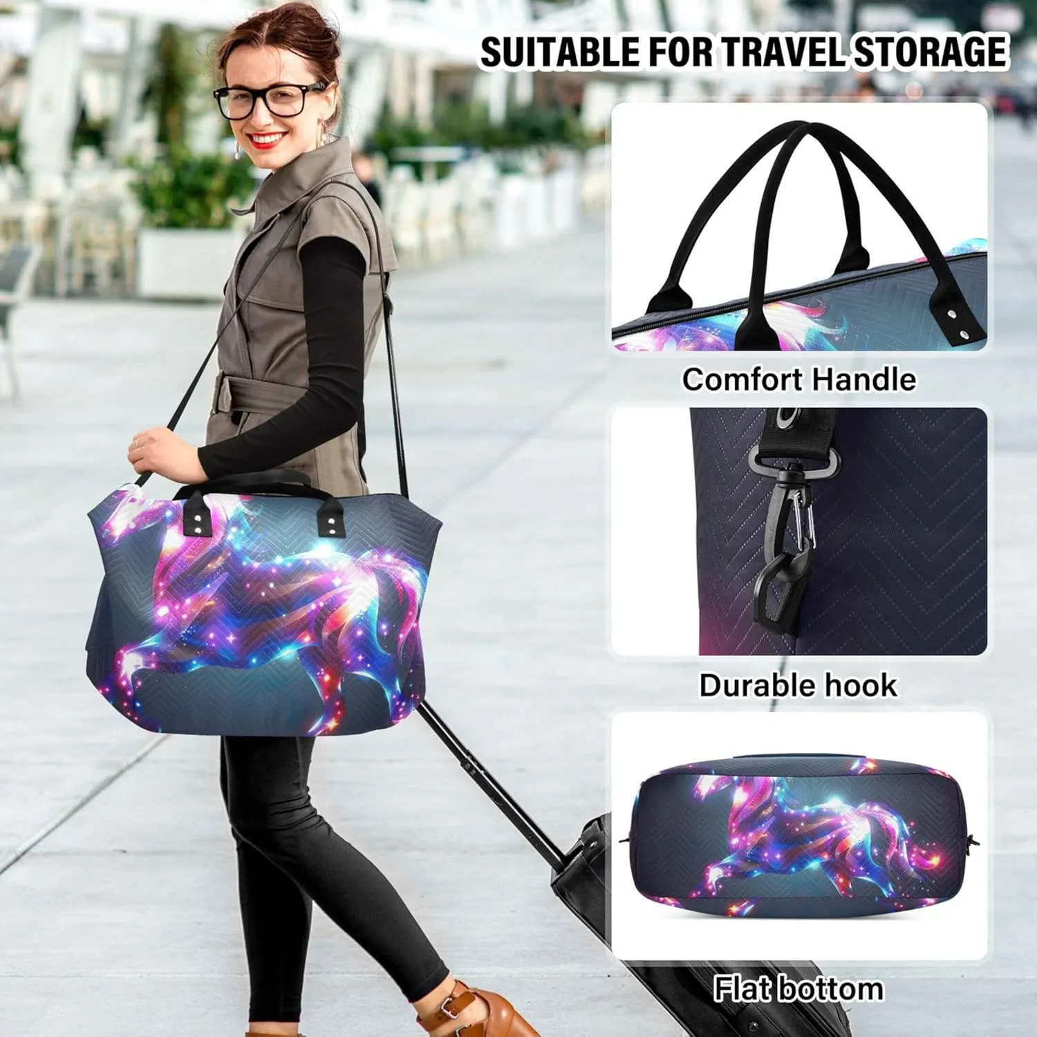 Iridescent Unicorn Duffel Bag Womens Cosmetic Pouch Set of 2, Animal Women Gym Bags Tote Carry on Bags for Airplanes