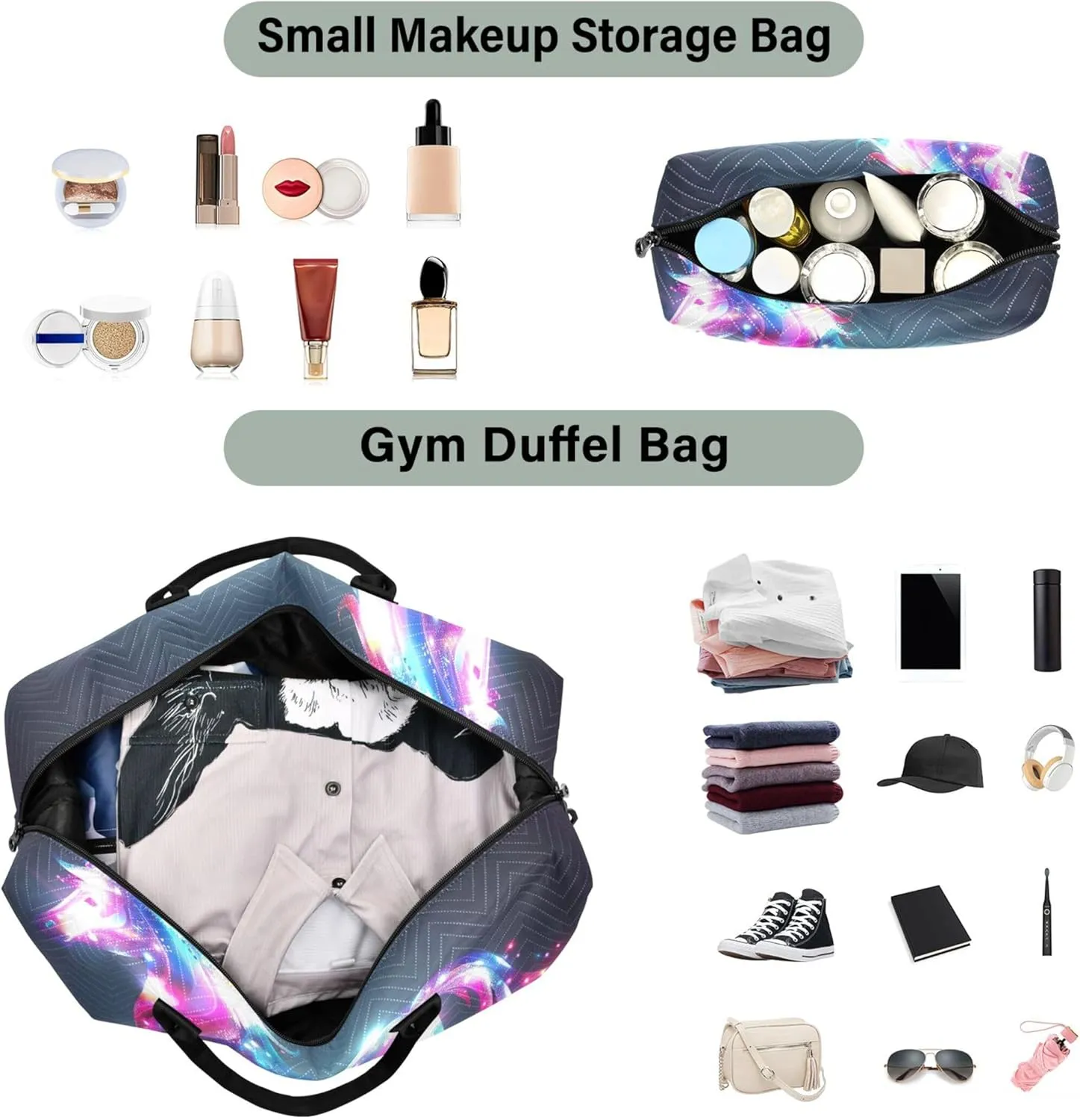 Iridescent Unicorn Duffel Bag Womens Cosmetic Pouch Set of 2, Animal Women Gym Bags Tote Carry on Bags for Airplanes