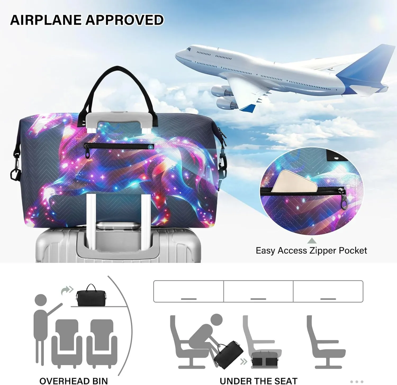 Iridescent Unicorn Duffel Bag Womens Cosmetic Pouch Set of 2, Animal Women Gym Bags Tote Carry on Bags for Airplanes