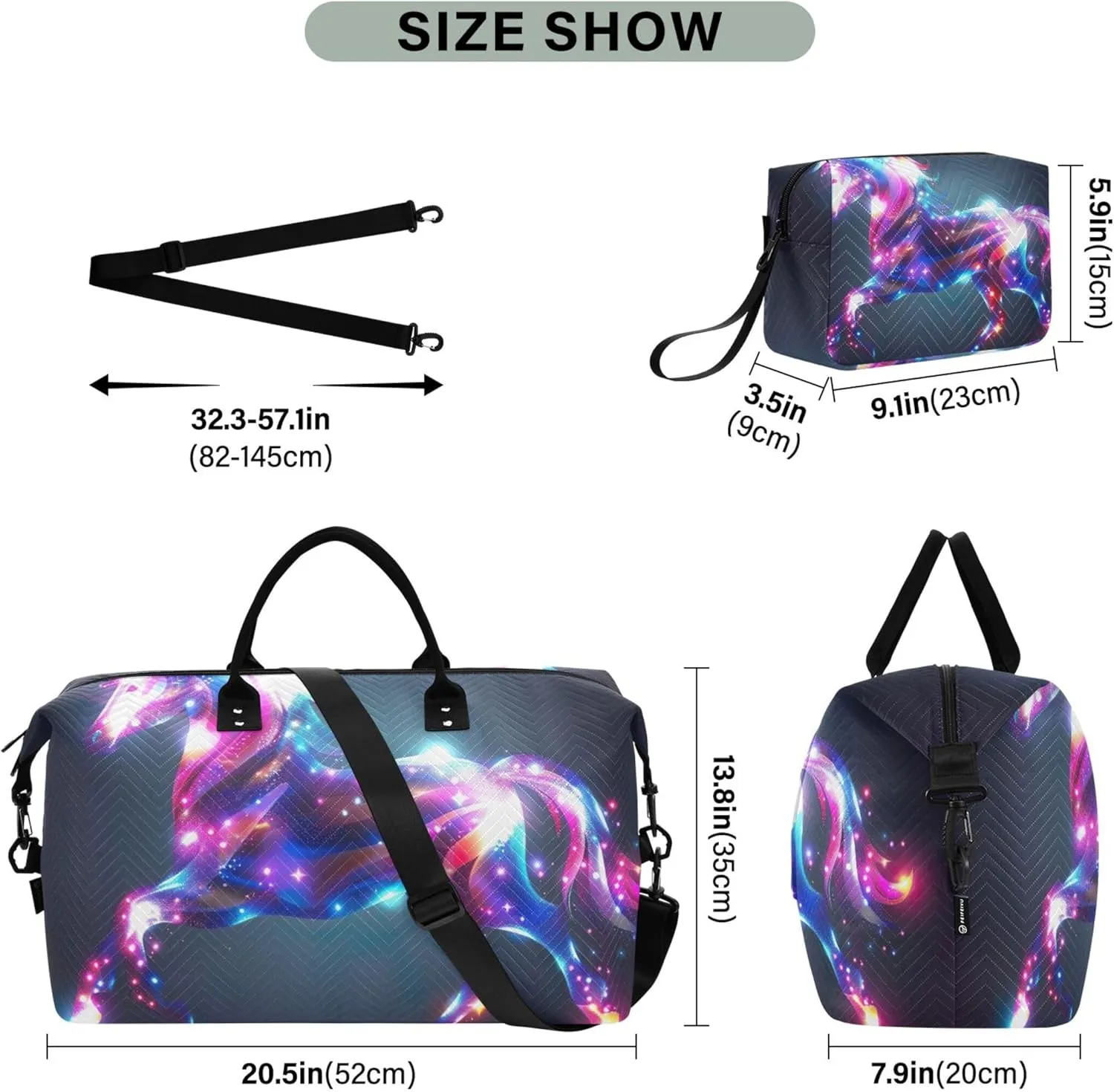 Iridescent Unicorn Duffel Bag Womens Cosmetic Pouch Set of 2, Animal Women Gym Bags Tote Carry on Bags for Airplanes