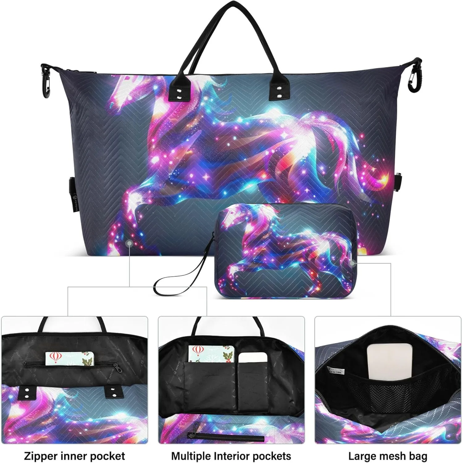 Iridescent Unicorn Duffel Bag Womens Cosmetic Pouch Set of 2, Animal Women Gym Bags Tote Carry on Bags for Airplanes