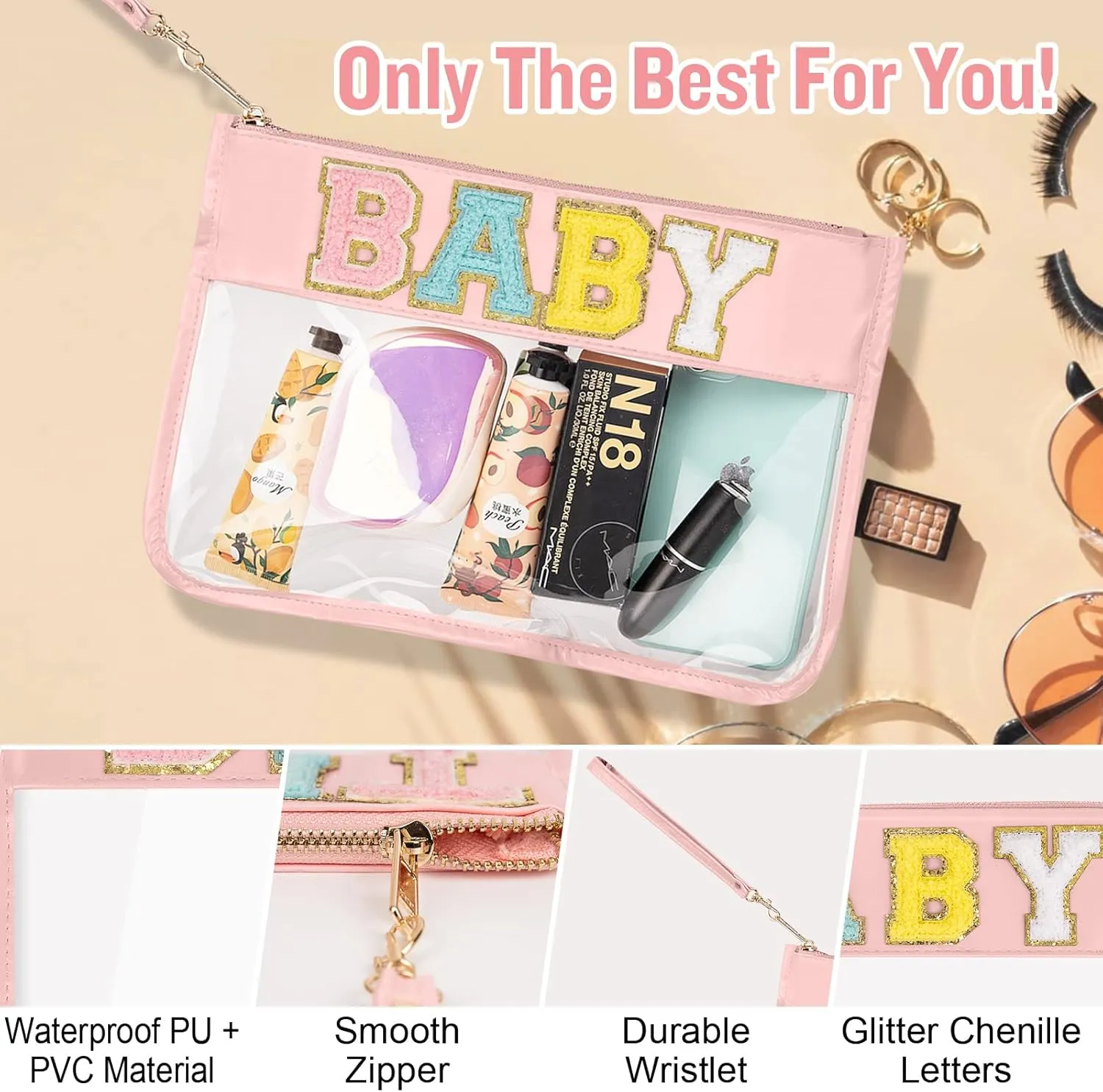 izuzta Chenille Letter Clear Bag Baby Purse Pouch, Monogram PVC & PU Clear Zipper Pouch with Wristlet, Waterproof Portable Glitter Snacks Makeup Beach Pouch Toiletry Bag for Women Girls (BABY-Pink)