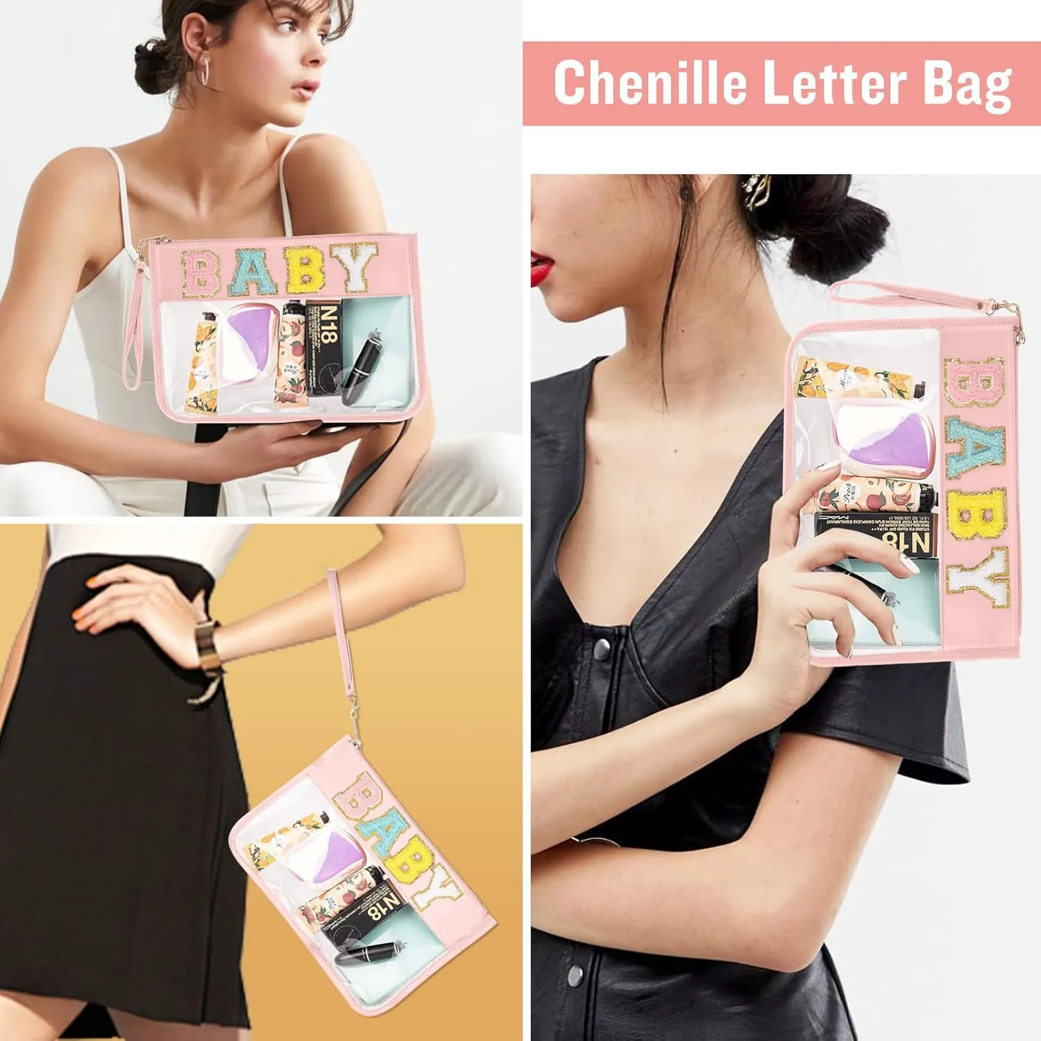 izuzta Chenille Letter Clear Bag Baby Purse Pouch, Monogram PVC & PU Clear Zipper Pouch with Wristlet, Waterproof Portable Glitter Snacks Makeup Beach Pouch Toiletry Bag for Women Girls (BABY-Pink)