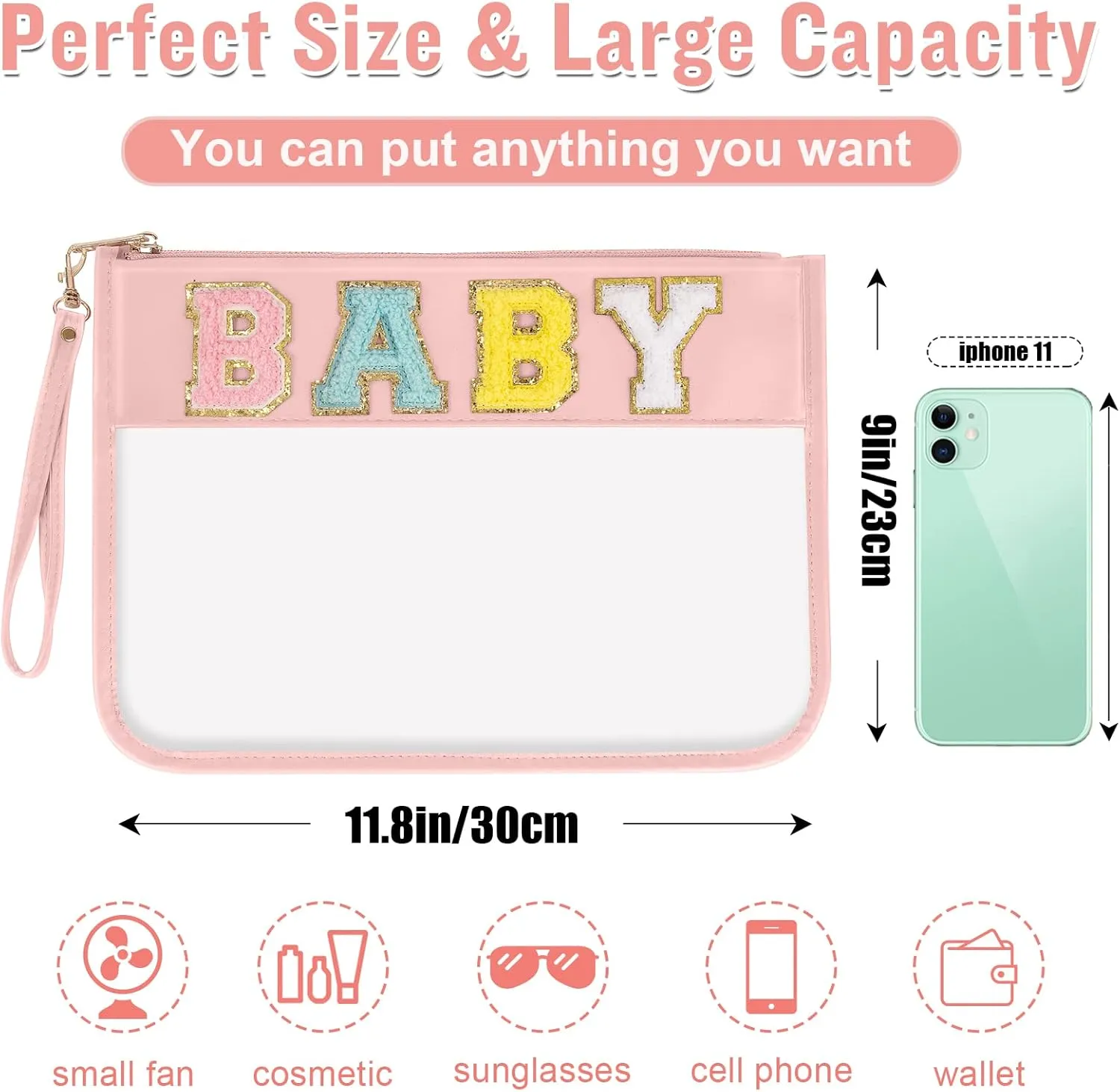 izuzta Chenille Letter Clear Bag Baby Purse Pouch, Monogram PVC & PU Clear Zipper Pouch with Wristlet, Waterproof Portable Glitter Snacks Makeup Beach Pouch Toiletry Bag for Women Girls (BABY-Pink)