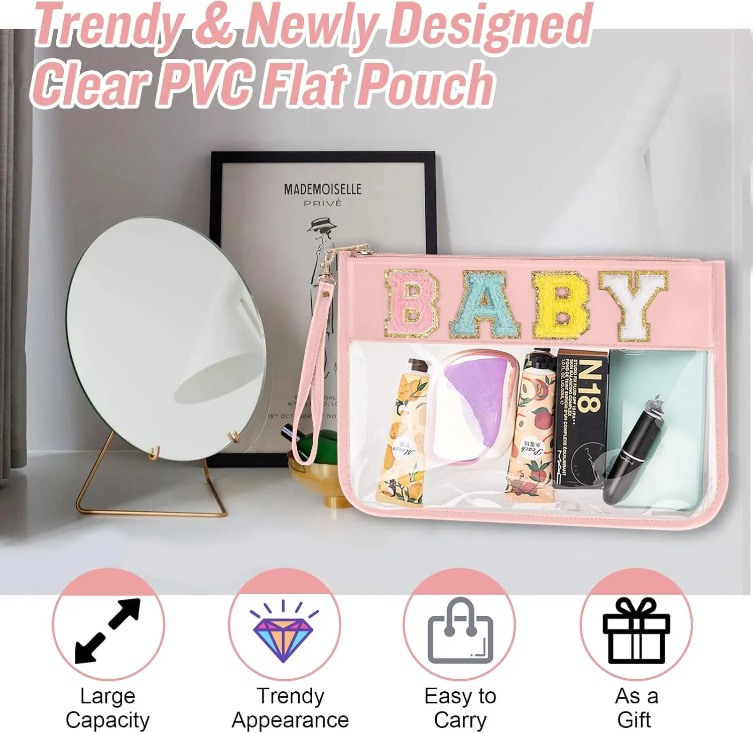 izuzta Chenille Letter Clear Bag Baby Purse Pouch, Monogram PVC & PU Clear Zipper Pouch with Wristlet, Waterproof Portable Glitter Snacks Makeup Beach Pouch Toiletry Bag for Women Girls (BABY-Pink)
