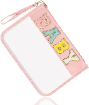izuzta Chenille Letter Clear Bag Baby Purse Pouch, Monogram PVC & PU Clear Zipper Pouch with Wristlet, Waterproof Portable Glitter Snacks Makeup Beach Pouch Toiletry Bag for Women Girls (BABY-Pink)