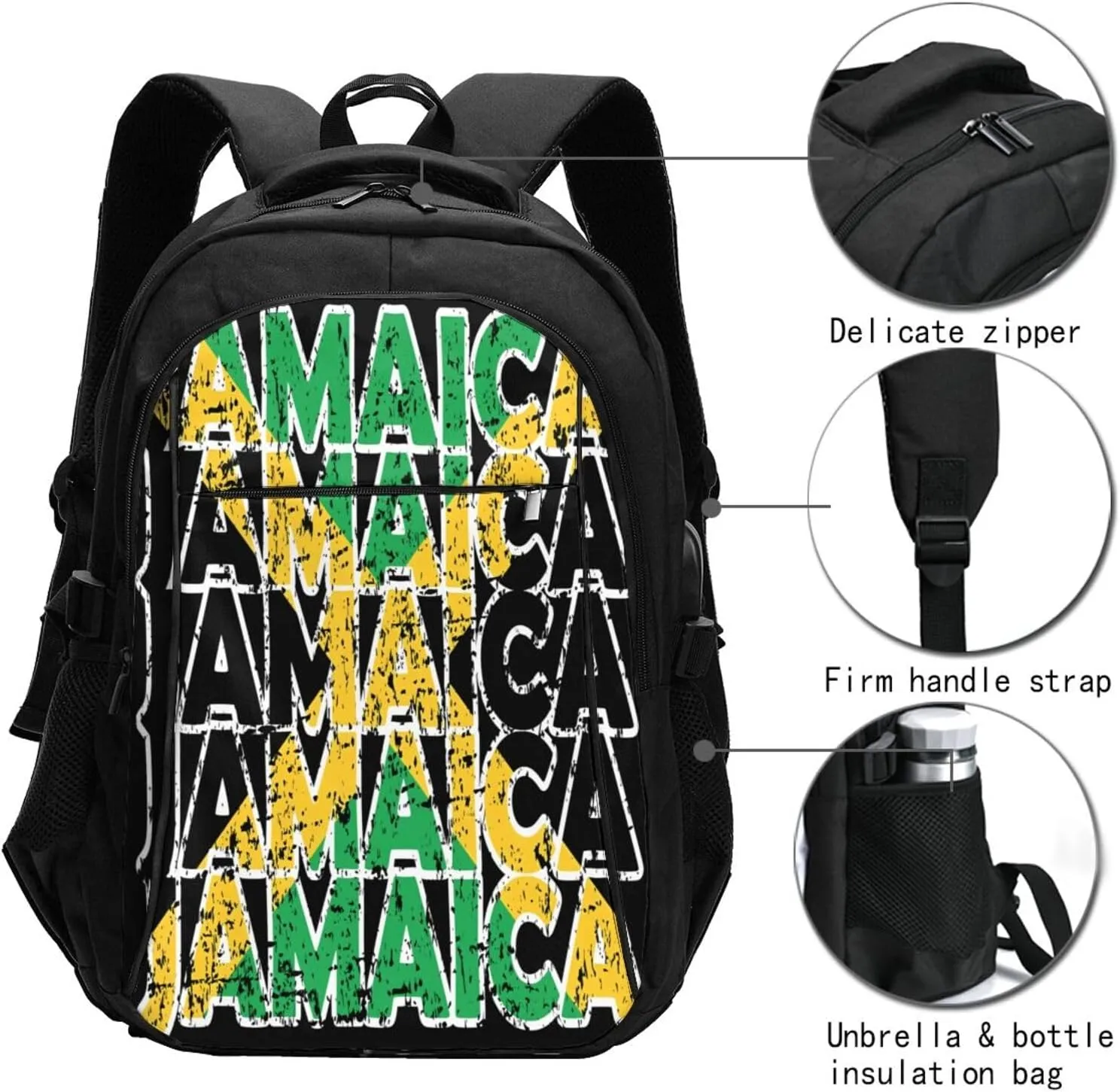Jamaican Roots Jamaica Flag Casual Travel Backpacks Hiking Camping Backpack Large Outdoor Sport Daypack Laptop Rucksack Climbing Working Bags with USB Port